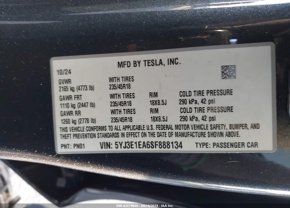 2025 TESLA MODEL 3 VIN: 5YJ3E1EA6SF888134