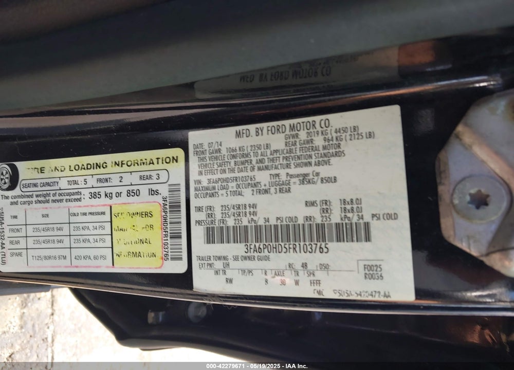 2015 FORD FUSION SE VIN: 3FA6P0HD5FR103765