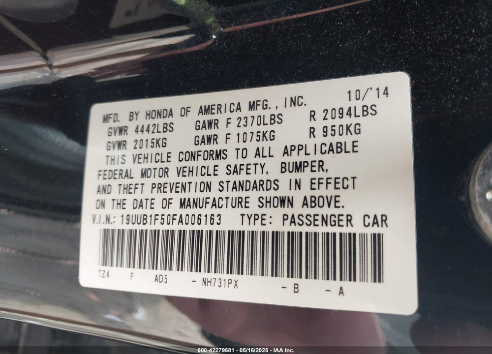 2015 ACURA TLX VIN: 19UUB1F50FA006163