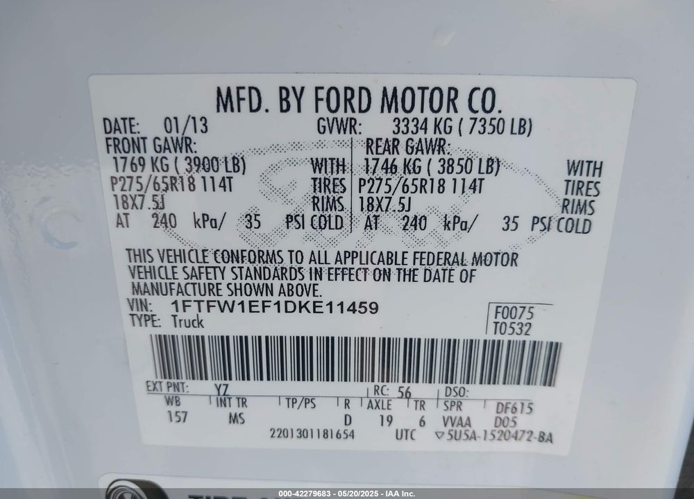 2013 FORD F-150 XLT VIN: 1FTFW1EF1DKE11459