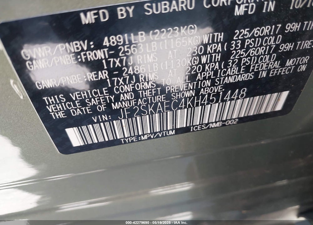 2019 SUBARU FORESTER PREMIUM VIN: JF2SKAEC4KH451448