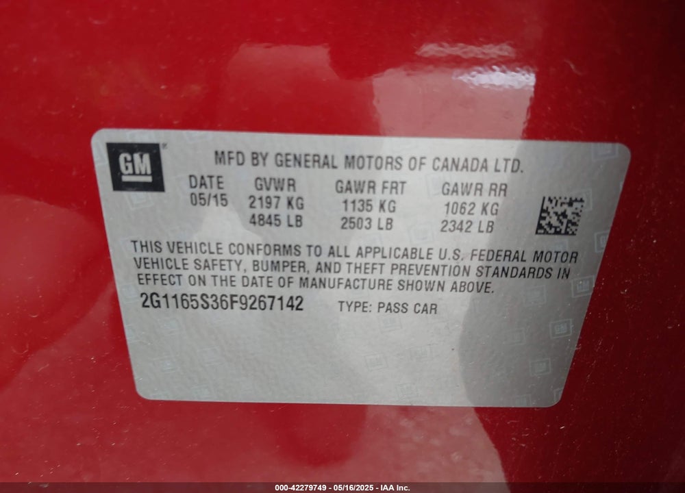2015 CHEVROLET IMPALA VIN: 2G1165S36F9267142