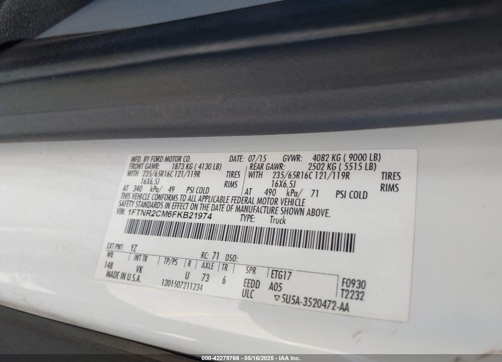 2015 FORD TRANSIT-250 VIN: 1FTNR2CM6FKB21974