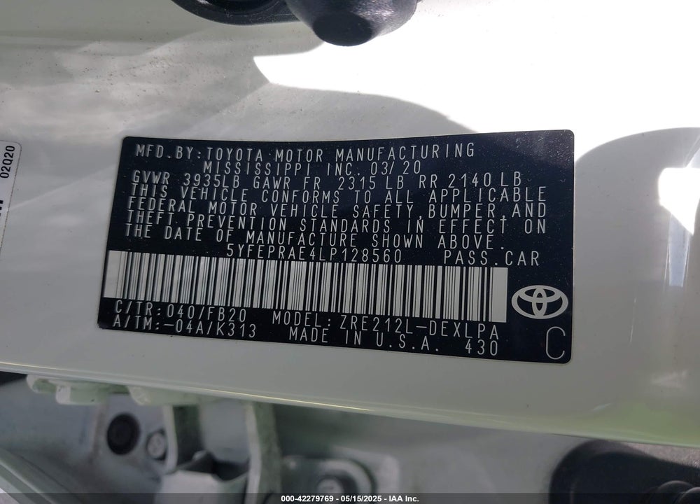 2020 TOYOTA COROLLA VIN: 5YFEPRAE4LP128560