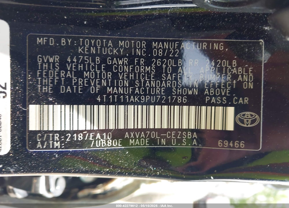 2023 TOYOTA CAMRY SE VIN: 4T1T11AK9PU721786