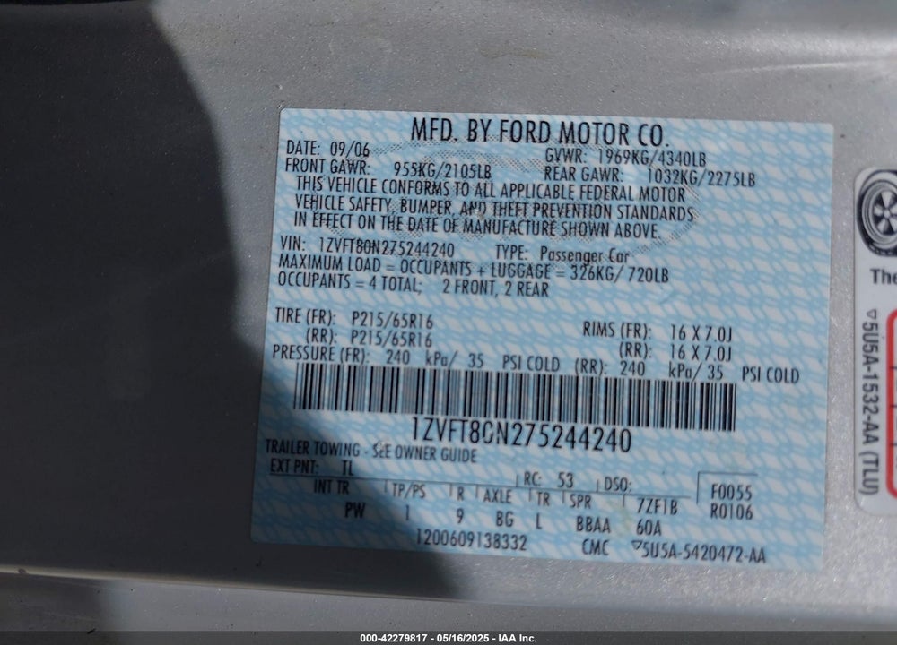 2007 FORD MUSTANG V6 DELUXE/V6 PREMIUM VIN: 1ZVFT80N275244240