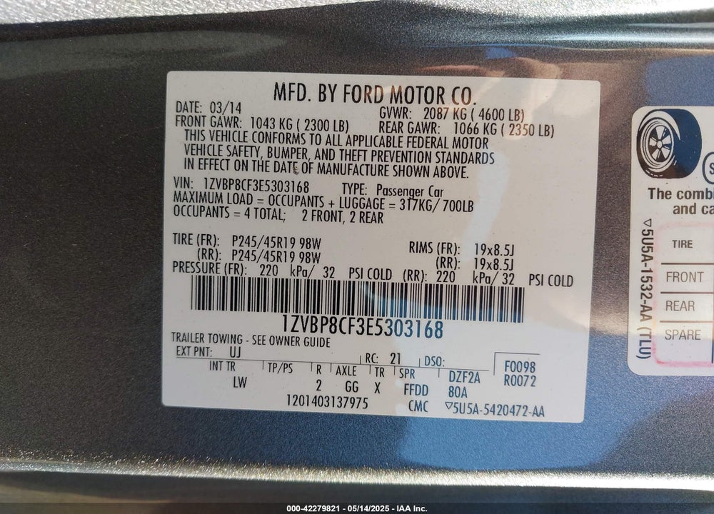 2014 FORD MUSTANG VIN: 1ZVBP8CF3E5303168
