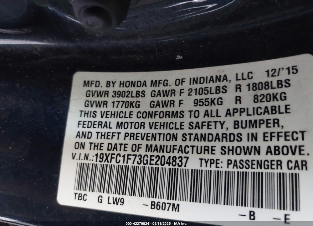 2016 HONDA CIVIC VIN: 19XFC1F73GE204837