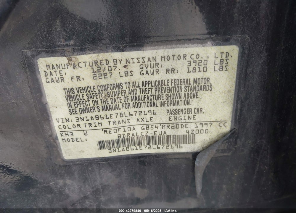 2008 NISSAN SENTRA VIN: 3N1AB61E78L672196