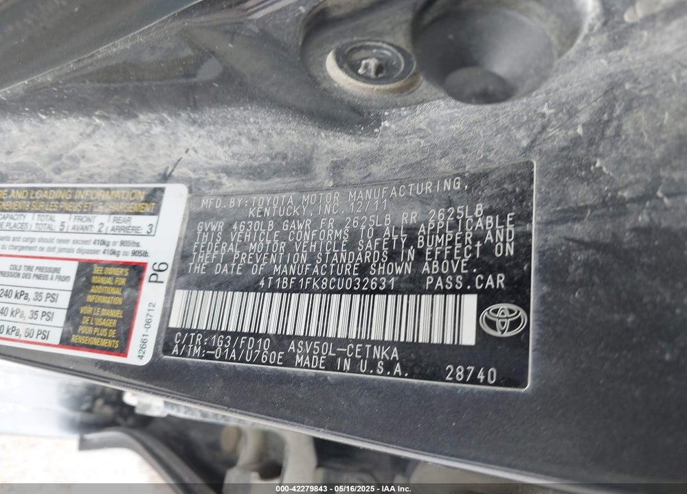 2012 TOYOTA CAMRY VIN: 4T1BF1FK8CU032631