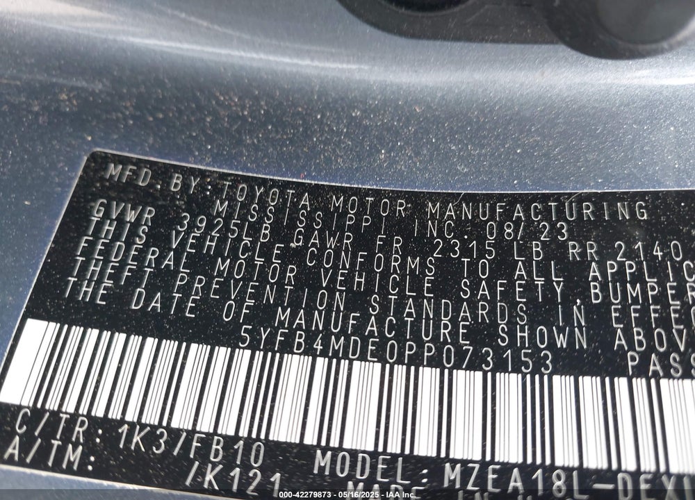 2023 TOYOTA COROLLA LE VIN: 5YFB4MDE0PP073153