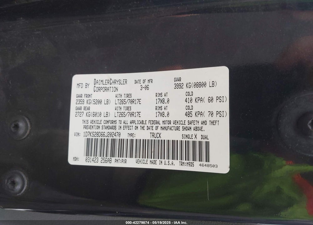 2006 DODGE RAM 2500 VIN: 1D7KS28D66J202470