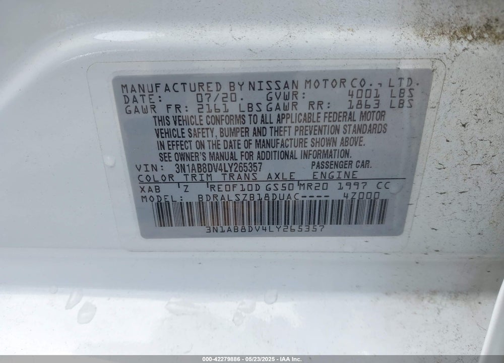 2020 NISSAN SENTRA VIN: 3N1AB8DV4LY265357