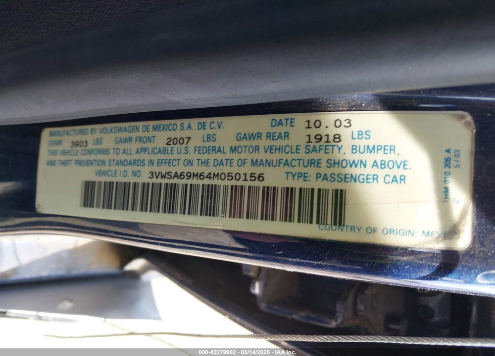 2004 VOLKSWAGEN JETTA GLS 2.0L VIN: 3VWSA69M64M050156