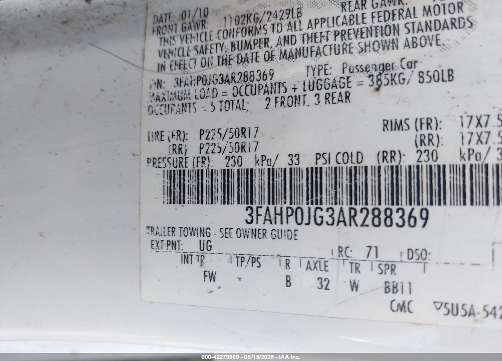 2010 FORD FUSION VIN: 3FAHP0JG3AR288369