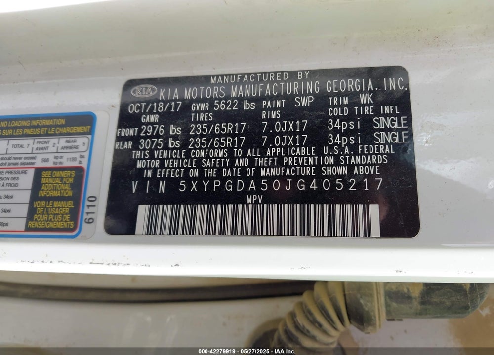 2018 KIA SORENTO VIN: 5XYPGDA50JG405217