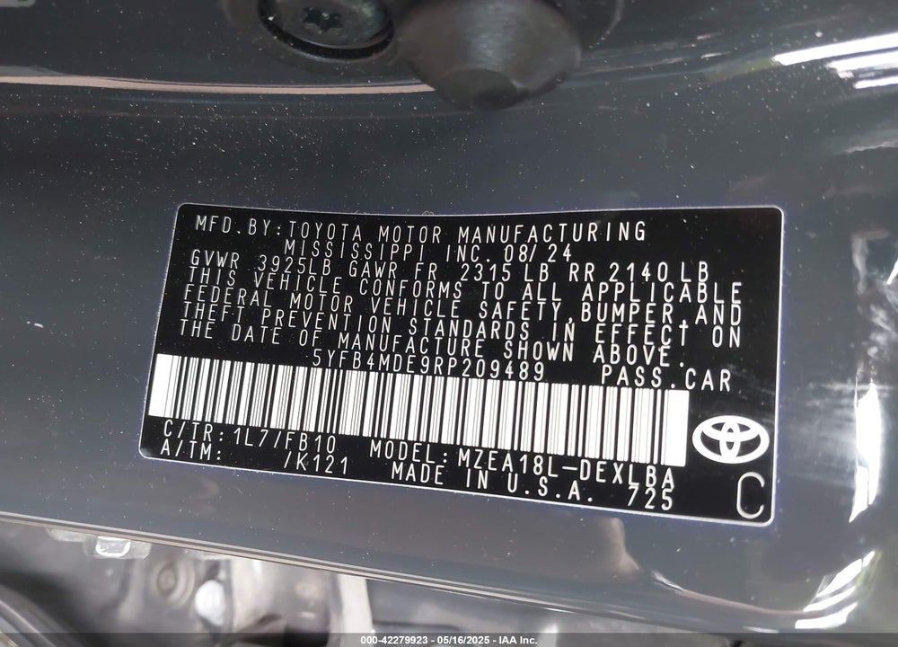 2024 TOYOTA COROLLA VIN: 5YFB4MDE9RP209489