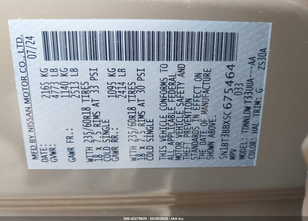 2025 NISSAN ROGUE VIN: 5N1BT3BBXSC675464