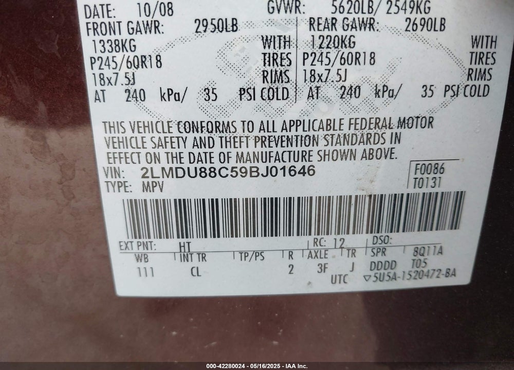 2009 LINCOLN MKX VIN: 2LMDU88C59BJ01646