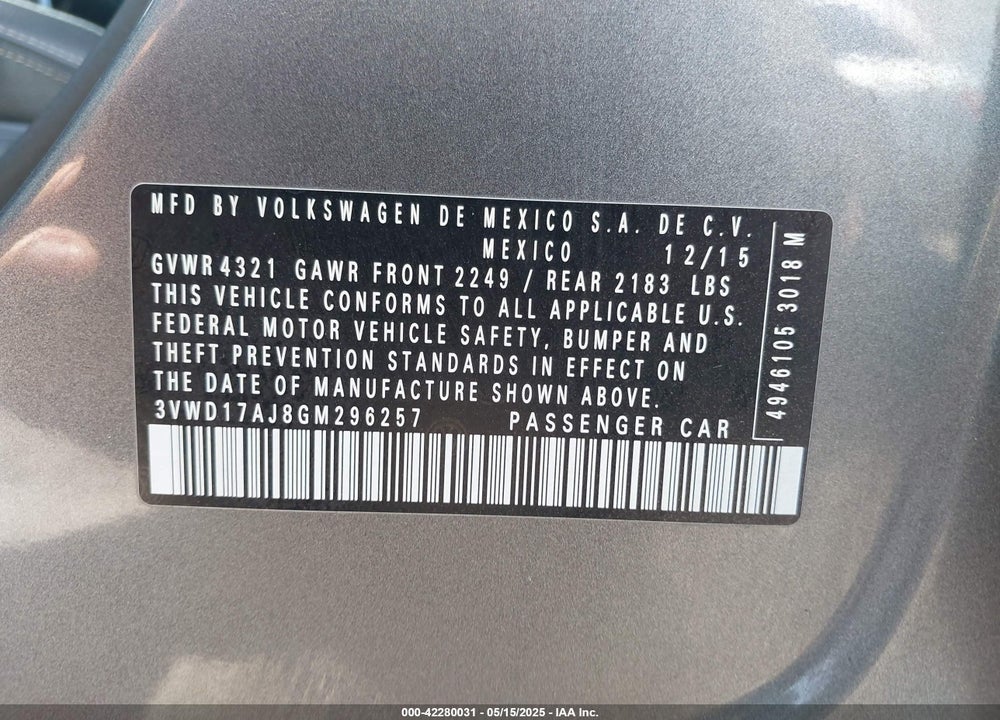 2016 VOLKSWAGEN JETTA VIN: 3VWD17AJ8GM296257