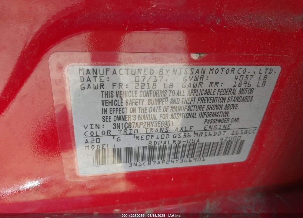 2017 NISSAN SENTRA SR TURBO VIN: 3N1CB7AP2HY366901