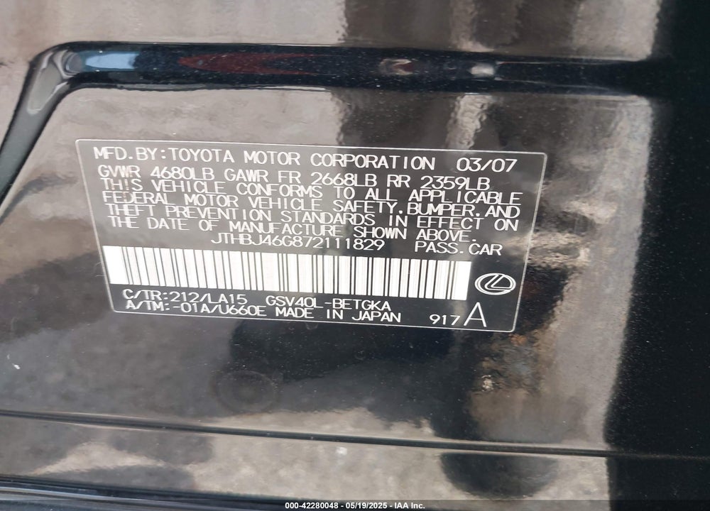 2007 LEXUS ES350 VIN: JTHBJ46G872111829