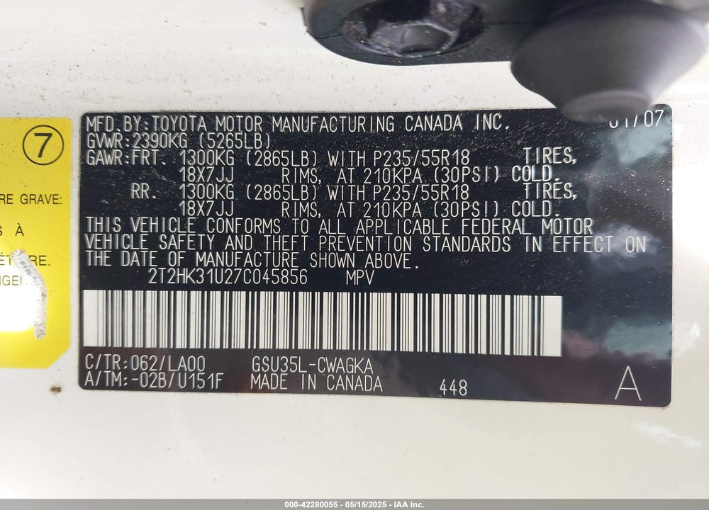 2007 LEXUS RX 350 VIN: 2T2HK31U27C045856