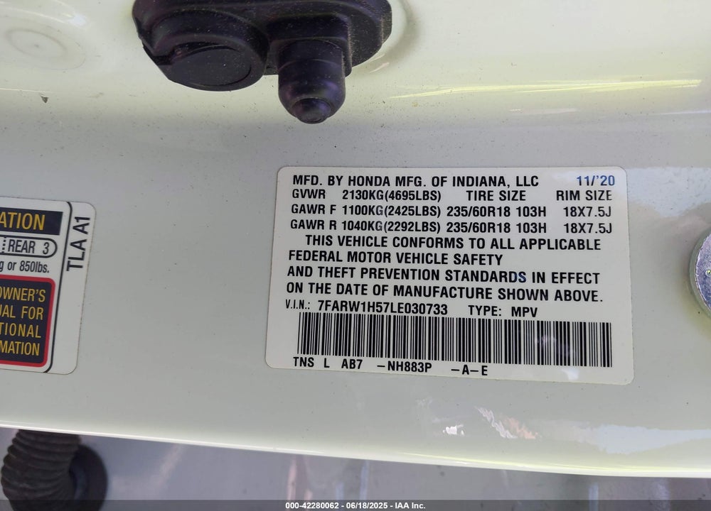 2020 HONDA CR-V 2WD EX VIN: 7FARW1H57LE030733