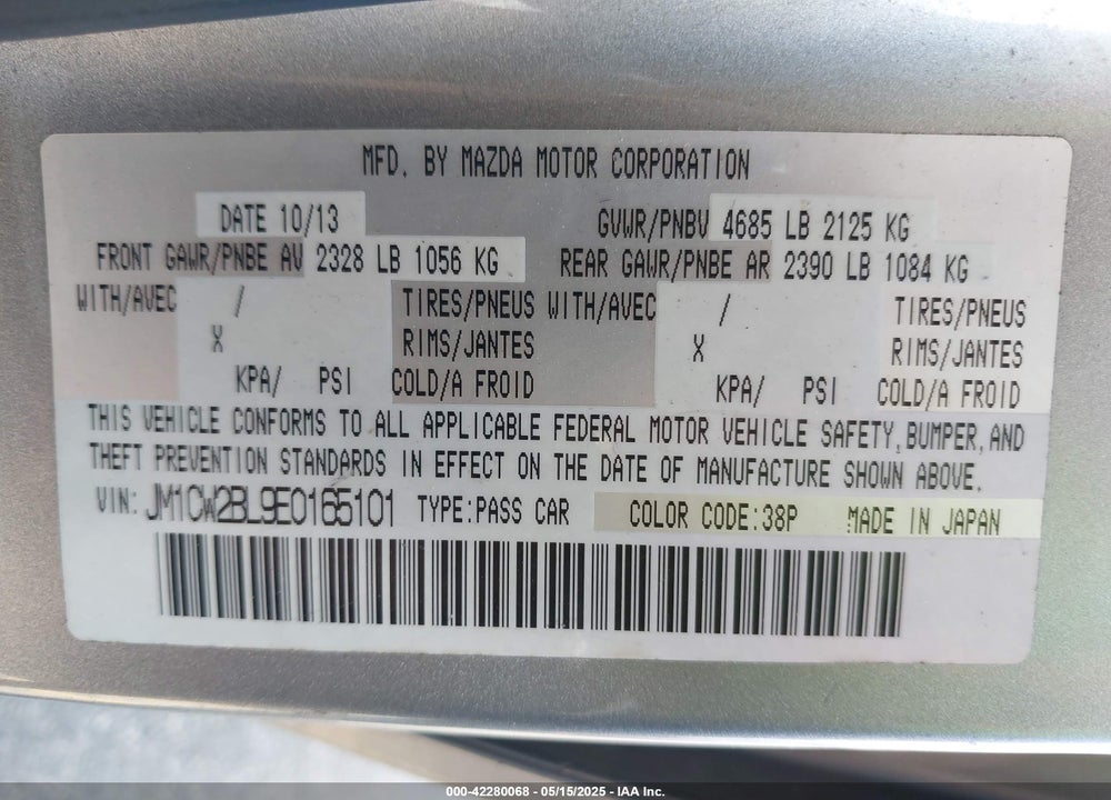 2014 MAZDA 5 VIN: JM1CW2BL9E0165101