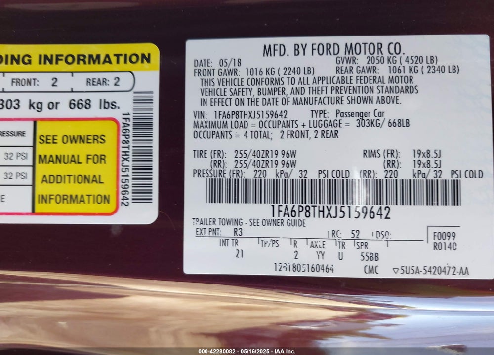 2018 FORD MUSTANG VIN: 1FA6P8THXJ5159642
