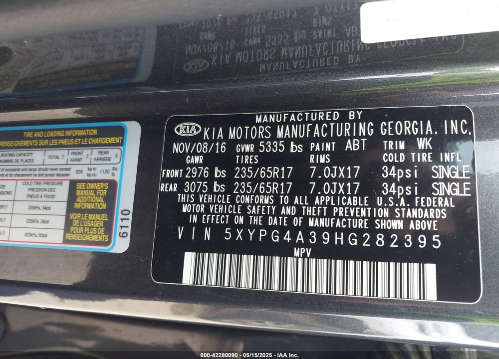 2017 KIA SORENTO VIN: 5XYPG4A39HG282395