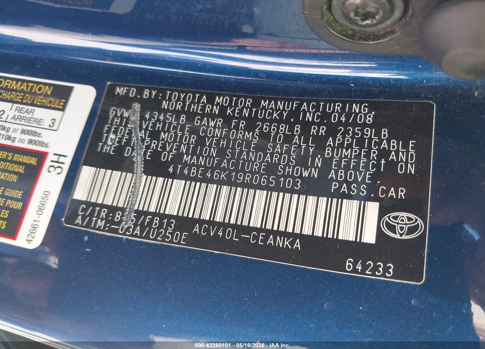2009 TOYOTA CAMRY VIN: 4T4BE46K19R065103