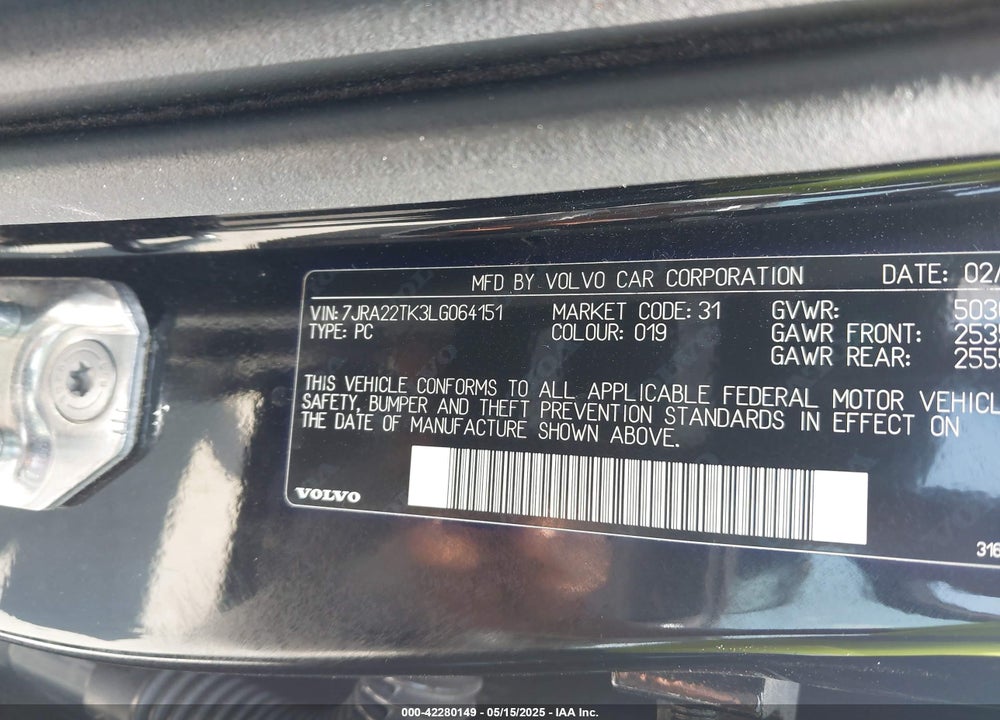 2020 VOLVO S60 VIN: 7JRA22TK3LG064151