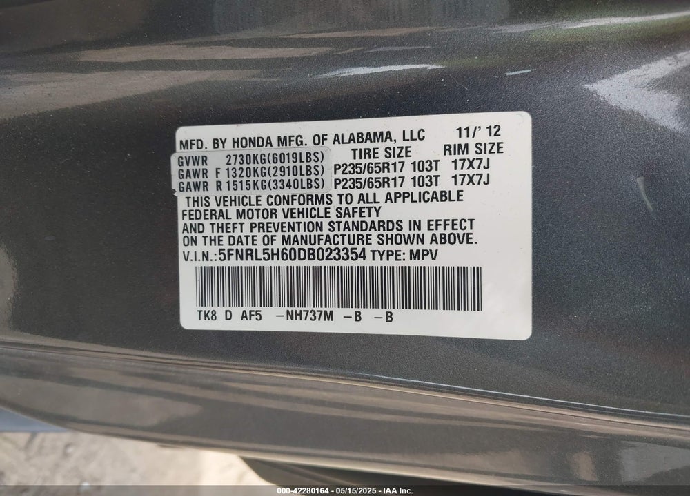 2013 HONDA ODYSSEY EX-L VIN: 5FNRL5H60DB023354