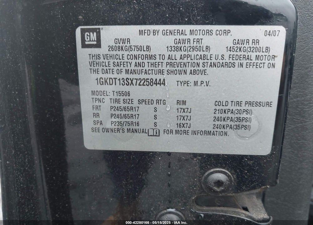 2007 GMC ENVOY SLT VIN: 1GKDT13SX72258444