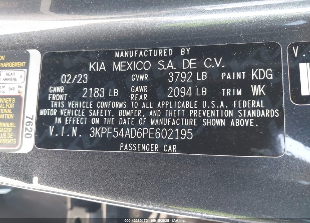 2023 KIA FORTE GT LINE VIN: 3KPF54AD6PE602195