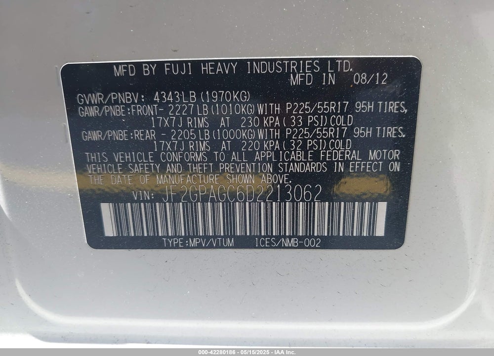 2013 SUBARU XV CROSSTREK 2.0I LIMITED VIN: JF2GPAGC6D2213062