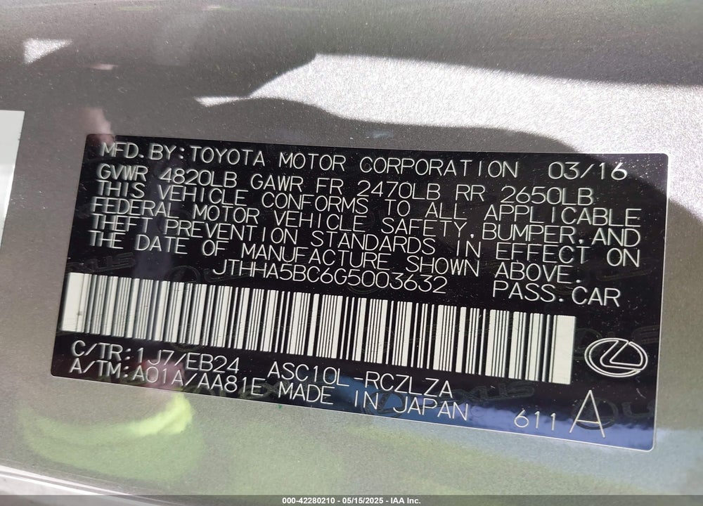2016 LEXUS RC 200T VIN: JTHHA5BC6G5003632