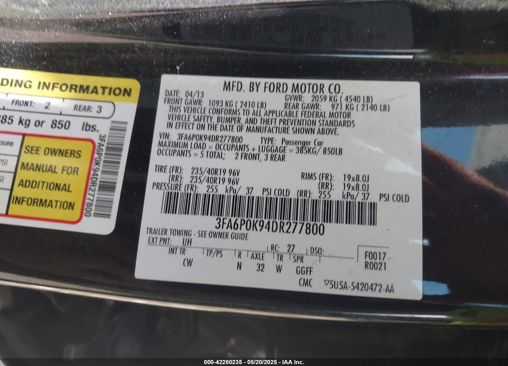 2013 FORD FUSION VIN: 3FA6P0K94DR277800