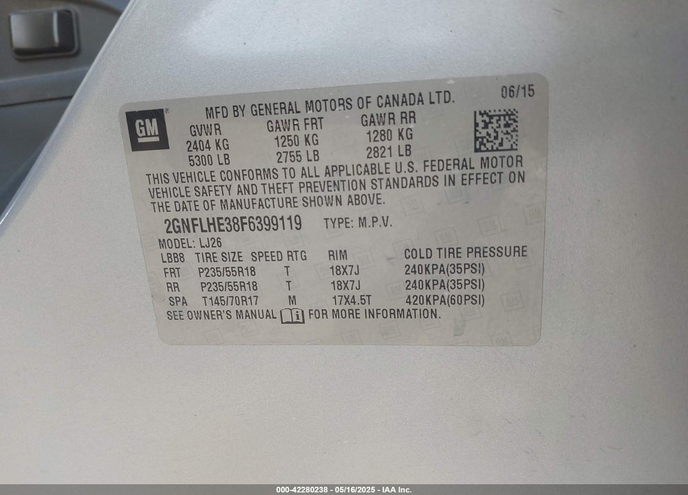 2015 CHEVROLET EQUINOX VIN: 2GNFLHE38F6399119