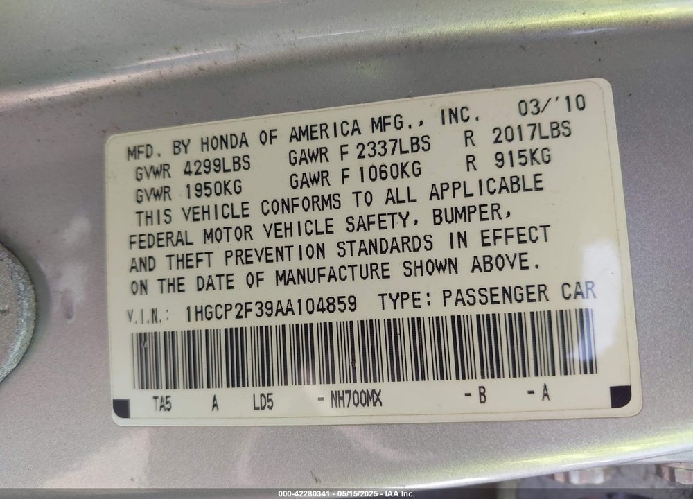 2010 HONDA ACCORD 2.4 LX VIN: 1HGCP2F39AA104859