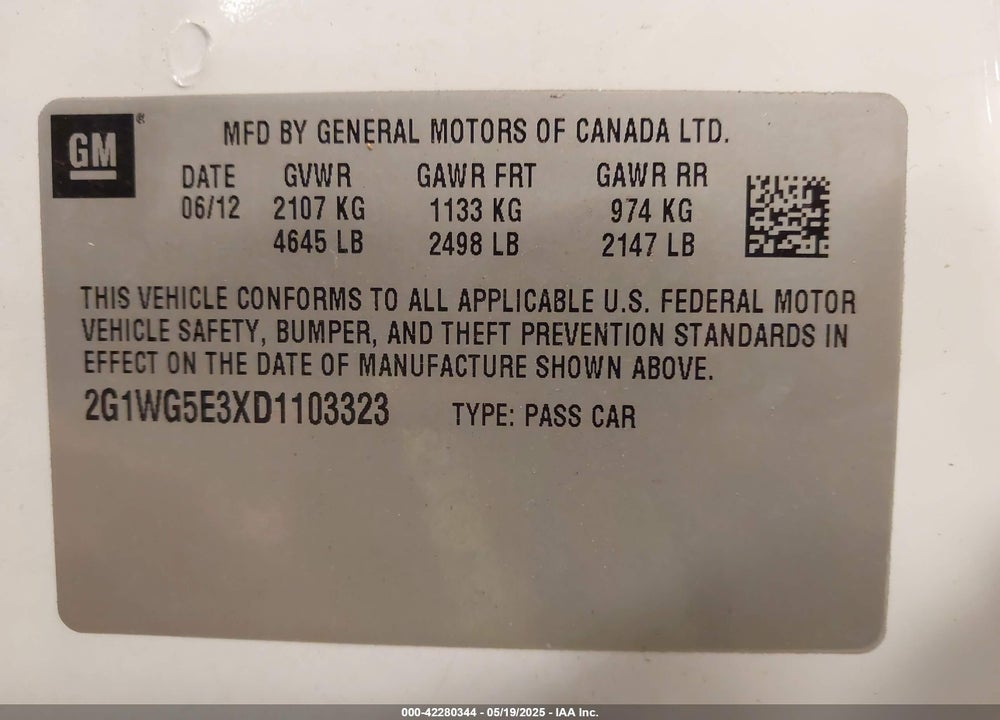 2013 CHEVROLET IMPALA LT VIN: 2G1WG5E3XD1103323
