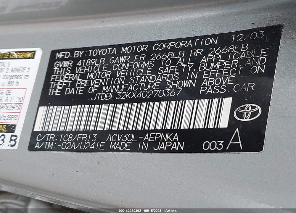 2004 TOYOTA CAMRY VIN: JTDBE32KX40270367
