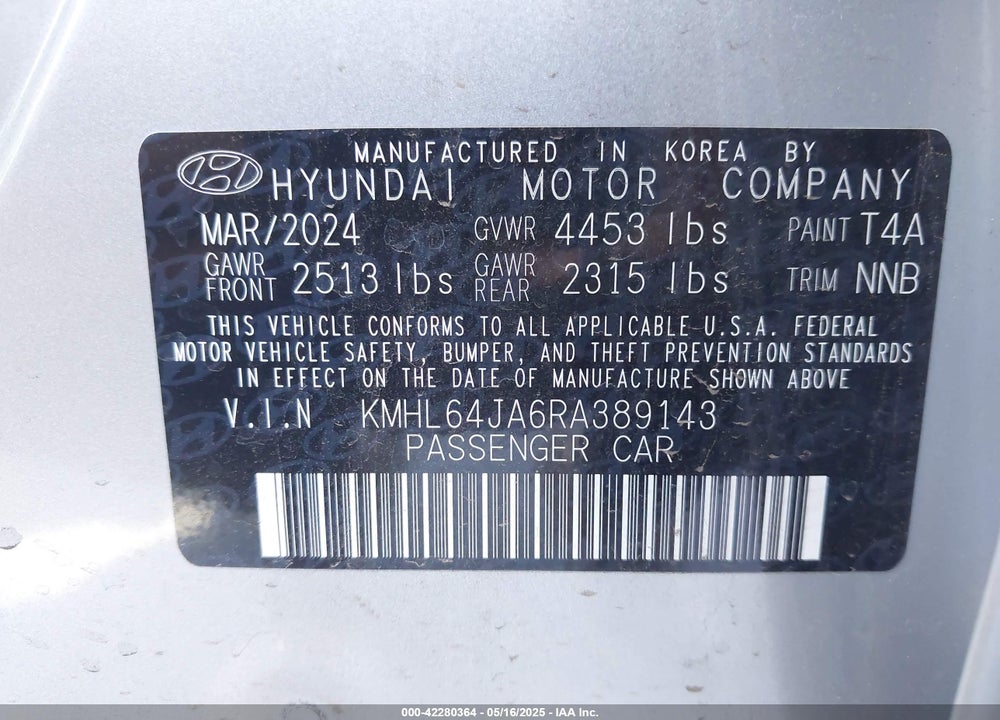 2024 HYUNDAI SONATA VIN: KMHL64JA6RA389143