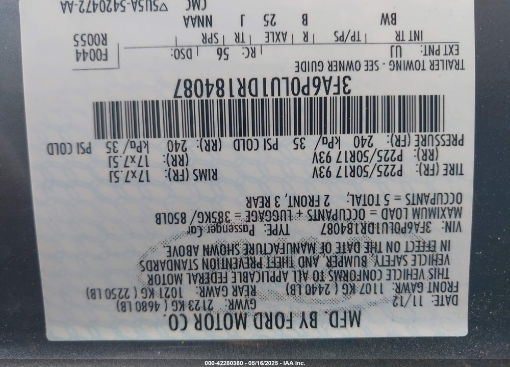 2013 FORD FUSION HYBRID VIN: 3FA6P0LU1DR184087