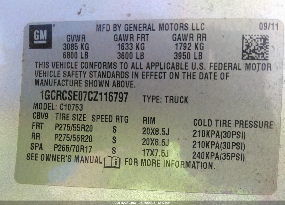 2012 CHEVROLET SILVERADO 1500 LT VIN: 1GCRCSE07CZ116797