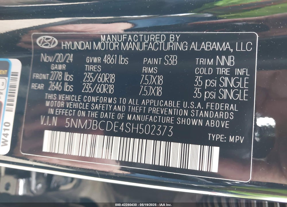 2025 HYUNDAI TUCSON VIN: 5NMJBCDE4SH502373