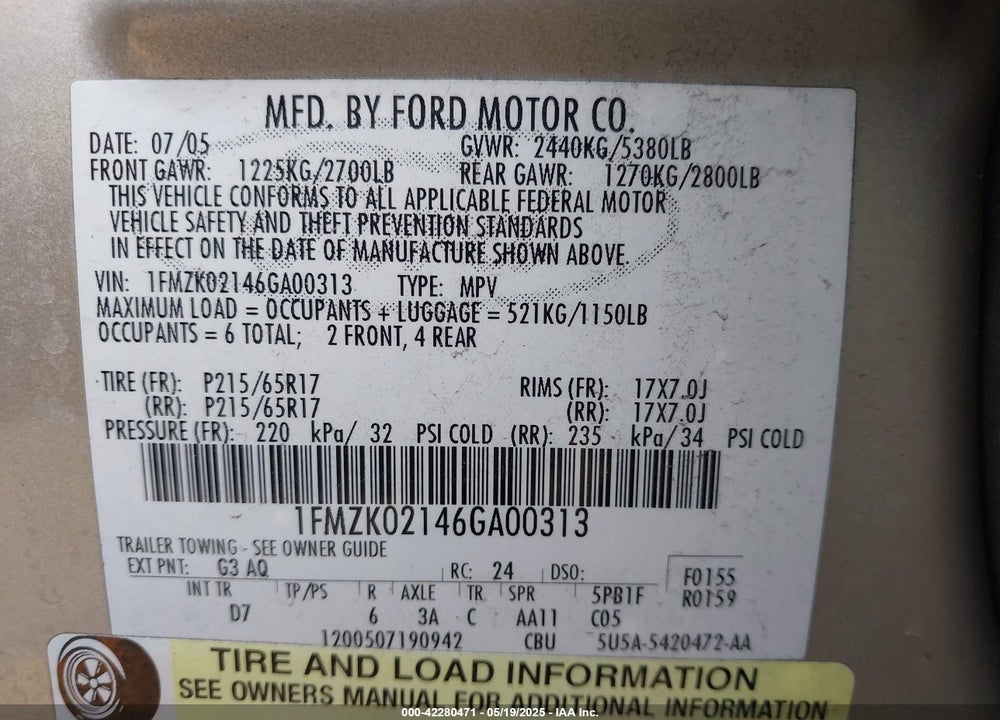 2006 FORD FREESTYLE SEL VIN: 1FMZK02146GA00313