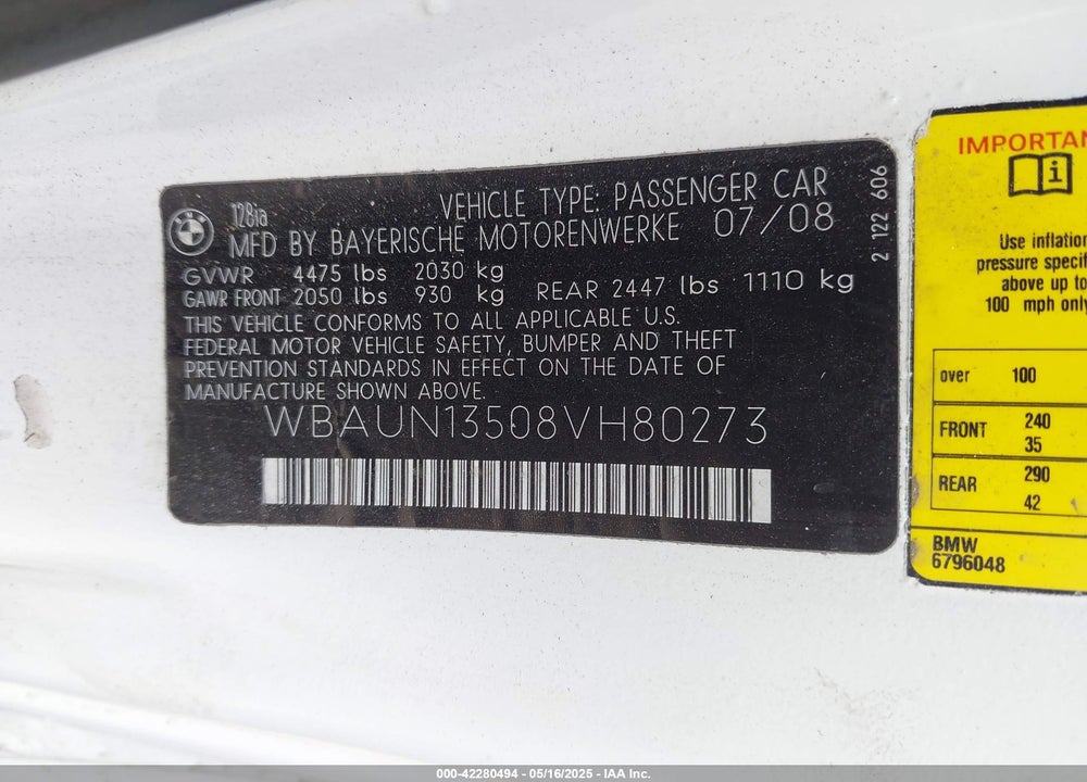 2008 BMW 128I VIN: WBAUN13508VH80273