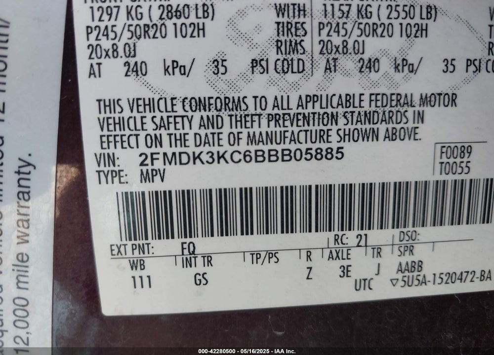 2011 FORD EDGE LIMITED VIN: 2FMDK3KC6BBB05885
